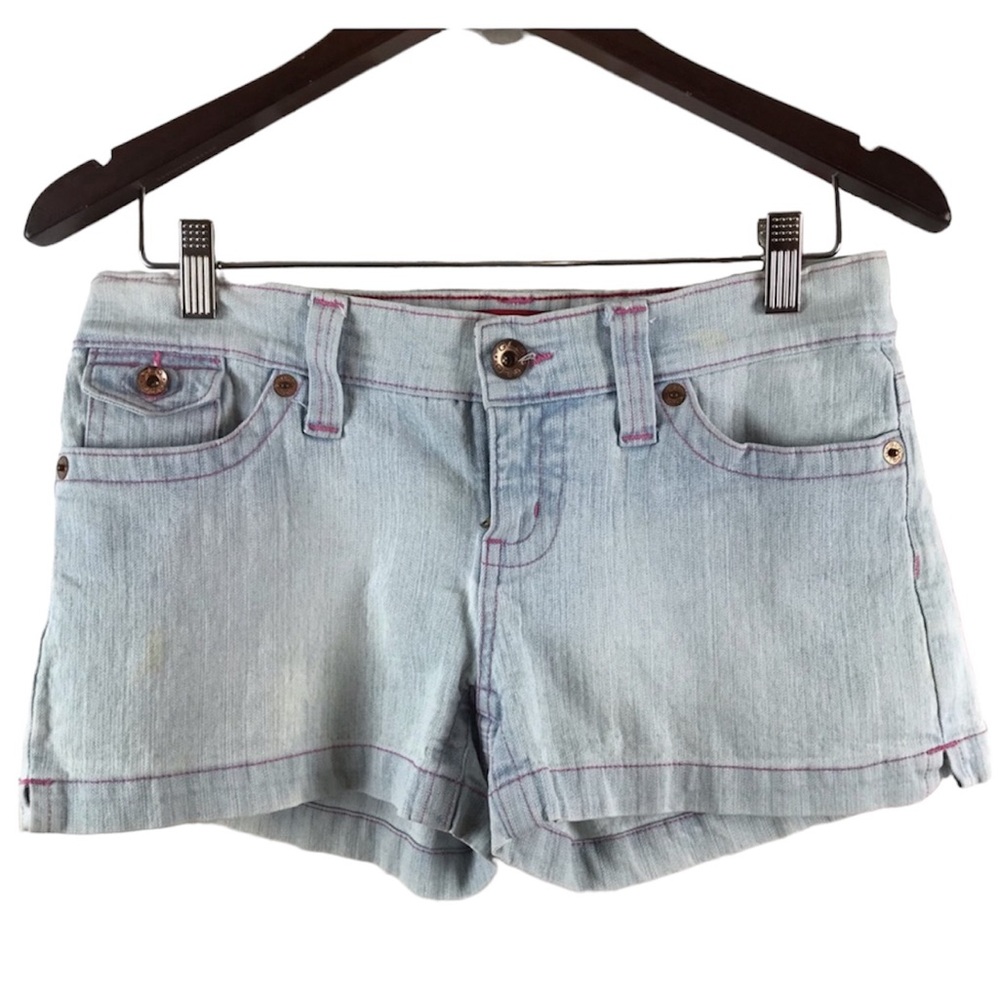 GLO Mini Stretch 5 Pocket Light Wash Blue Denim Jean Shorts 5